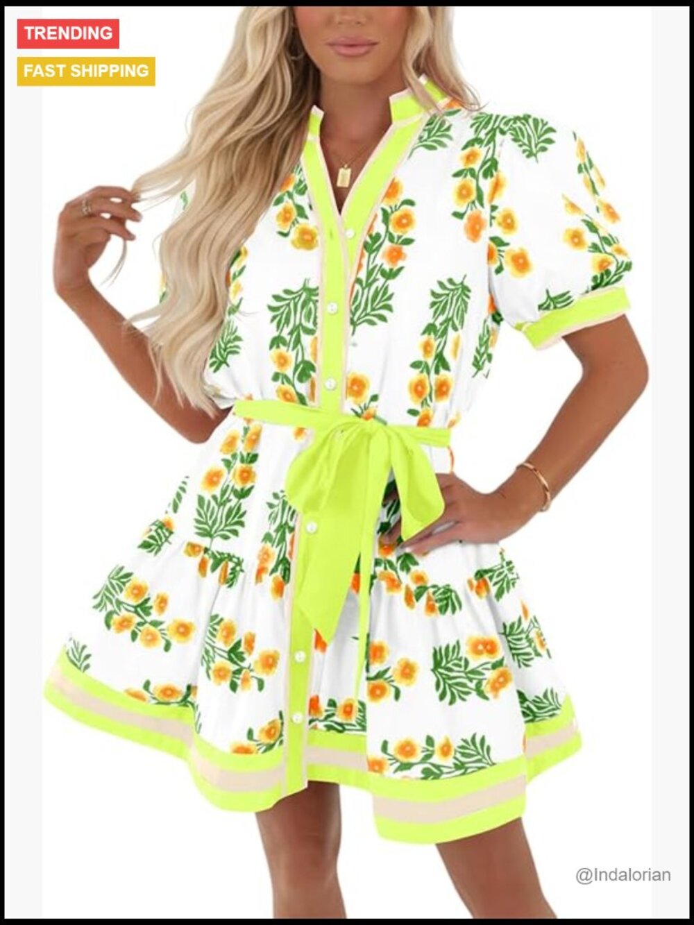 Polyester Floral Mini Dress with Belt V-Neck Puff Sleeve Casual